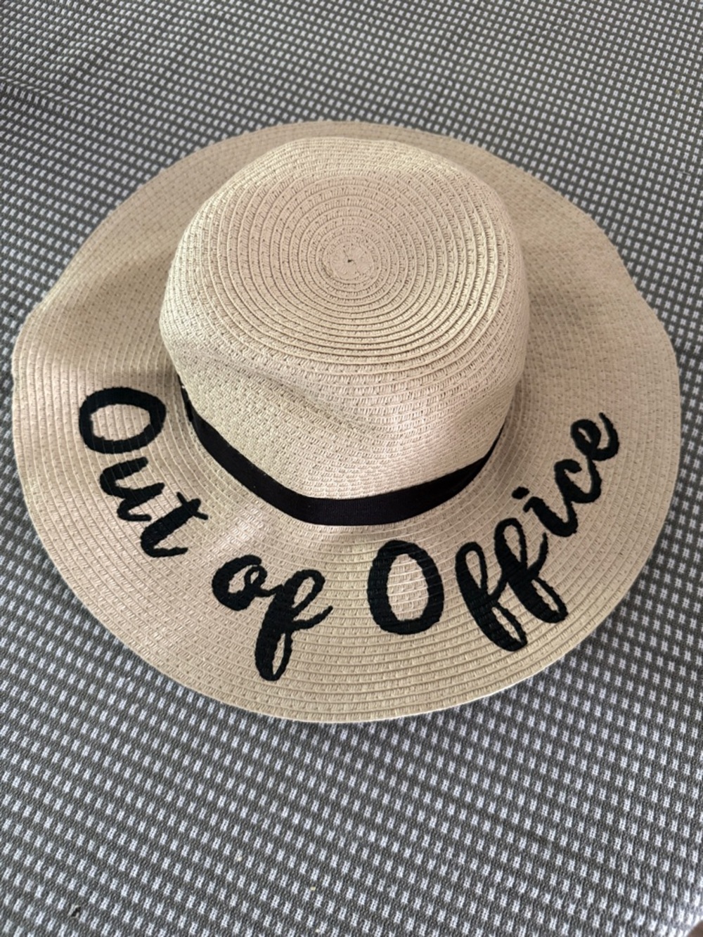 “Out of Office” Straw Boater Hat Black Ribbon Wide Brim Vacation Summer M/L
